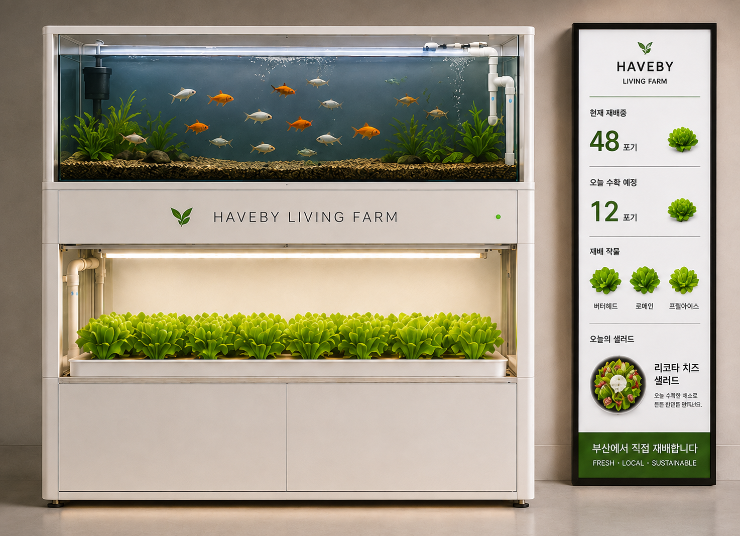 아쿠아포닉스 재배대와 디지털 디스플레이를 결합한 HAVEBY Living Farm 콘셉트